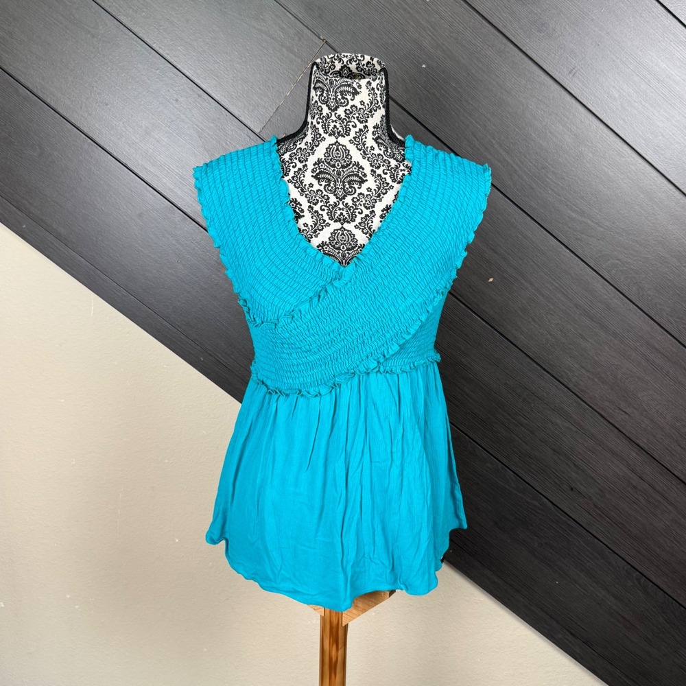 Annabelle Women's Smocked Wrap Babydoll Top Small Turquoise Ruffle Y2K NWT